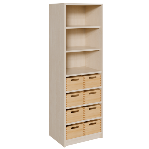 Korpus-Regal mit Materialkästen und offenen Fächern