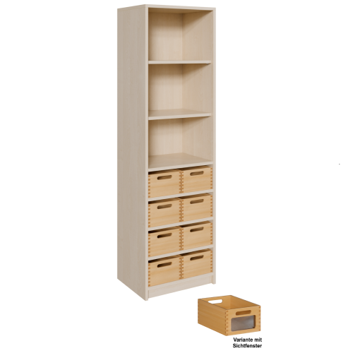 Korpus-Regal mit Materialkästen und offenen Fächern