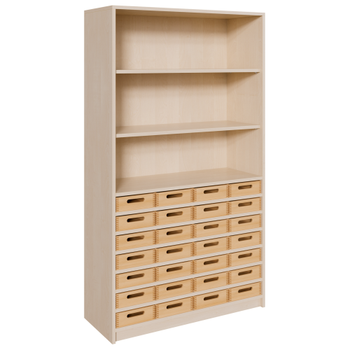 Korpus-Regal mit flachen Materialkästen und offenen Fächern