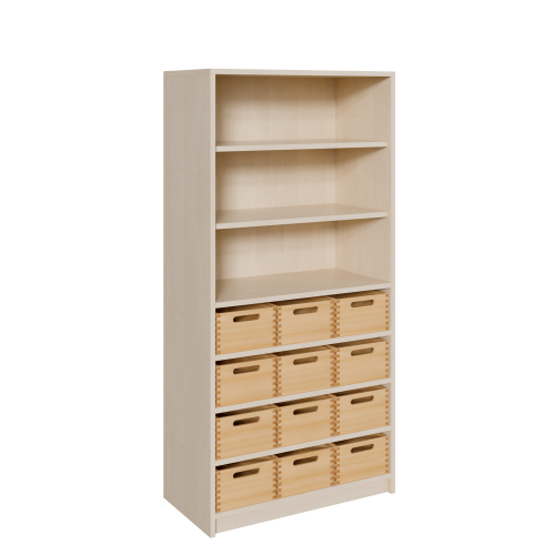 Korpus-Regal mit Materialkästen und offenen Fächern