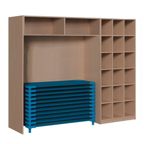 Regal für Stapelliegen mit Vorhangeinrichtung