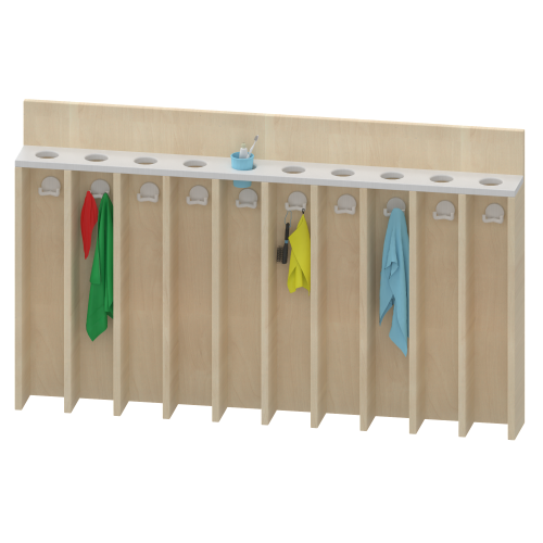 Waschraumboard mit Becherleiste und Handtuchfächern