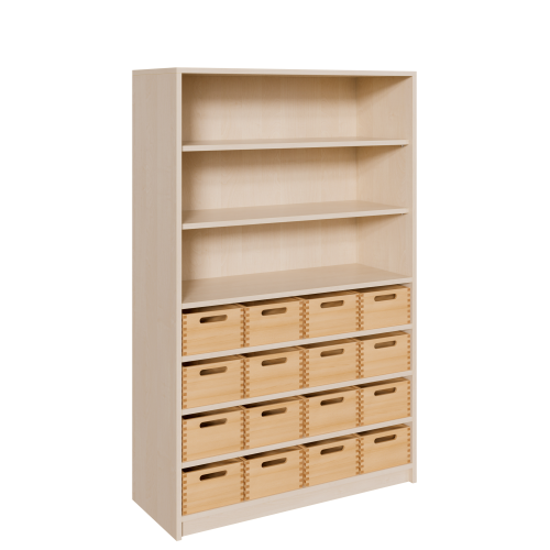 Korpus-Regal mit Materialkästen und offenen Fächern
