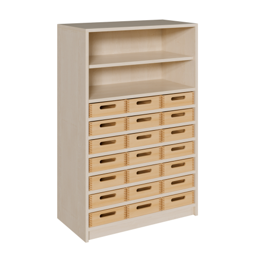 Korpus-Regal mit flachen Materialkästen und offenen Fächern