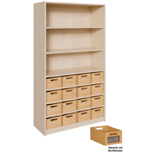 Korpus-Regal mit Materialkästen und offenen Fächern
