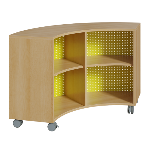 Korpus-Regal auf 1/4-Kreis-Grundriß, Rückwand aus Lochblech