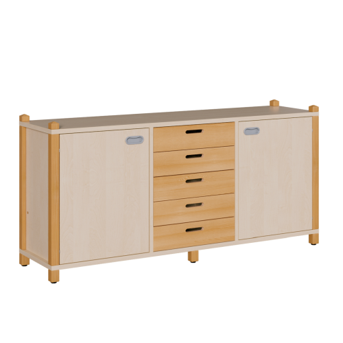 Stollen-Raumteiler mittig 5 Holzschübe, rechts und links je 1 Tür