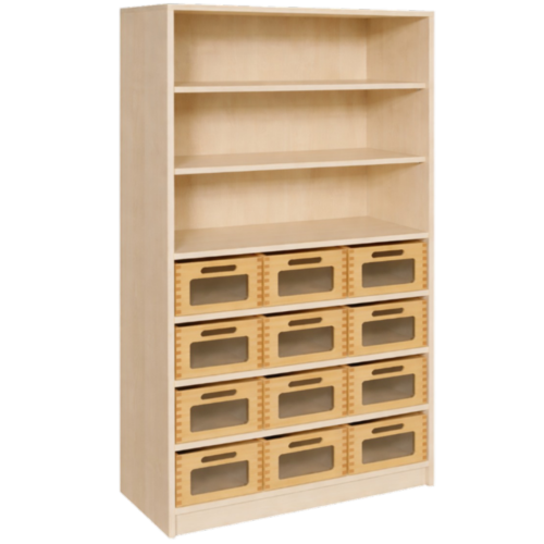 Korpus-Regal mit Materialkästen und offenen Fächern