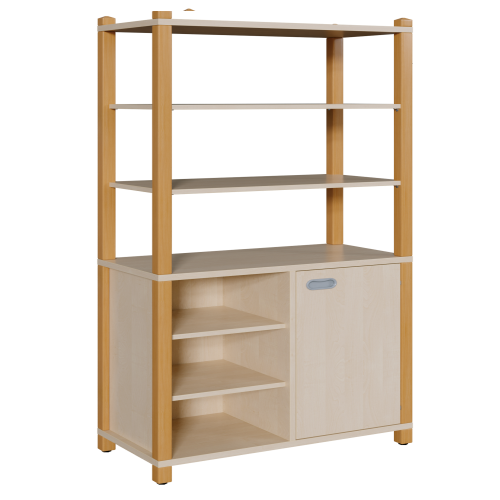 Stollen-Schrank mit einseitiger Tür und 3 offenen Fächern, hoher offener Regalaufsatz