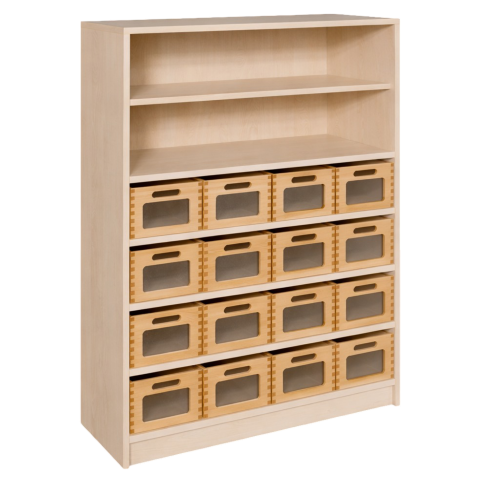 Korpus-Regal mit Materialkästen und offenen Fächern
