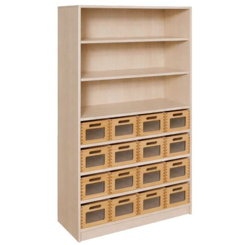 Korpus-Regal mit Materialkästen und offenen Fächern