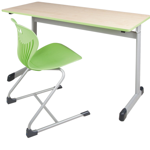 Zweier-Schülertisch 130x55 cm Modell T, HPL-Tischplatte mit Massivholz Einleimer
