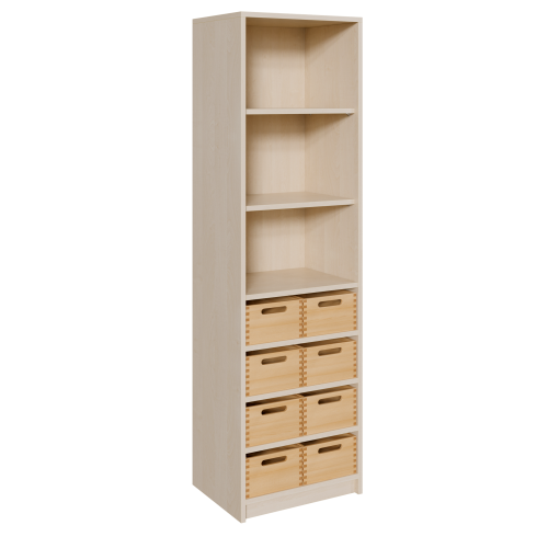 Korpus-Regal mit Materialkästen und offenen Fächern