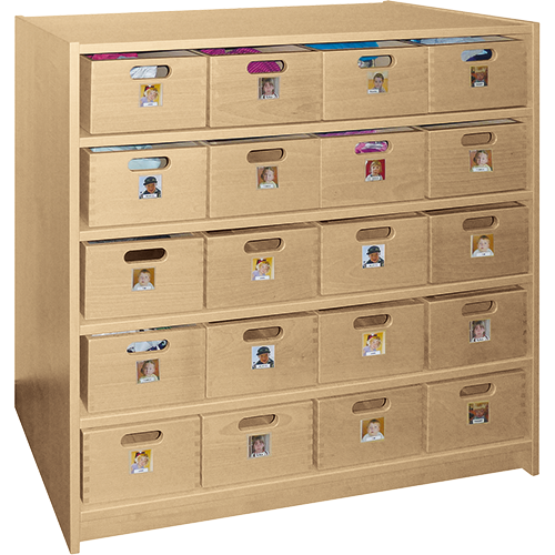 Materialkastenschrank mit 20 Holzkästen
