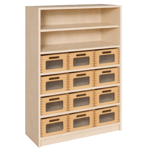Korpus-Regal mit Materialkästen und offenen Fächern
