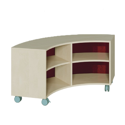 Korpus-Regal auf 1/4-Kreis-Grundriß, Rückwand aus farbiger Plexiglasplatte